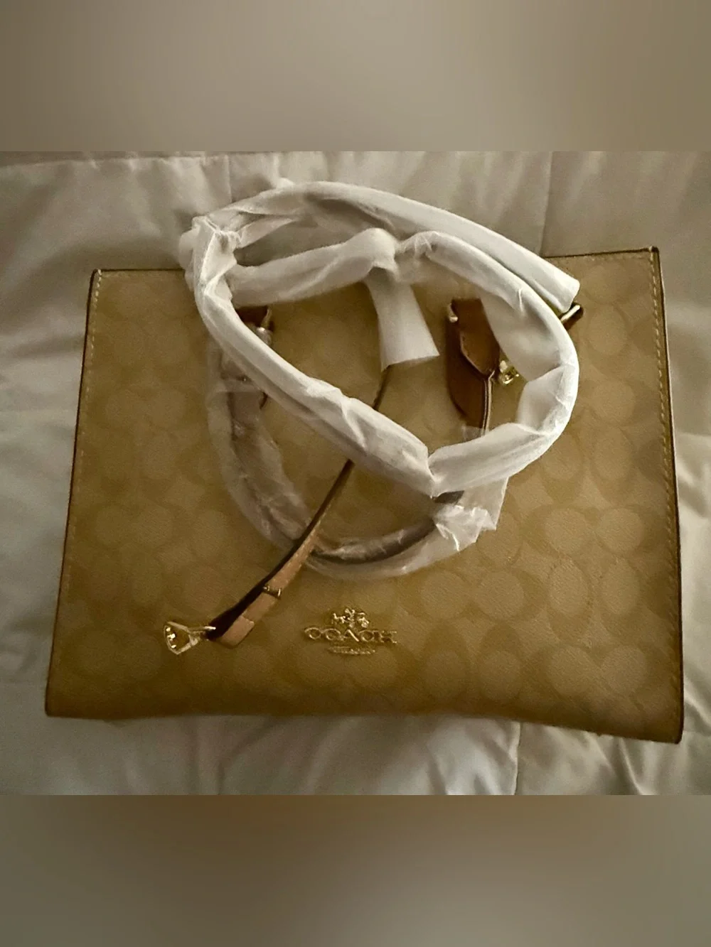 Fashionable Beige Satchel  /Tote with brown Trim